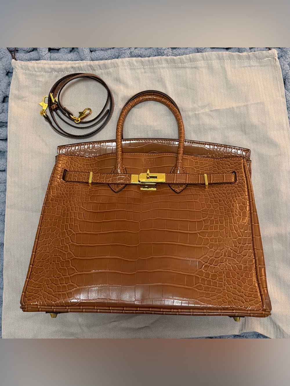 Croc-Embossed Structured Satchel in Brown - Picture 4 of 8